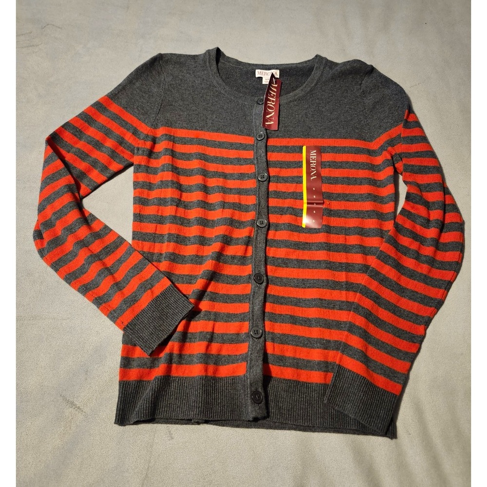 NWT Merona Women S Gray Orange Striped Cardigan Button Front Cotton Blend